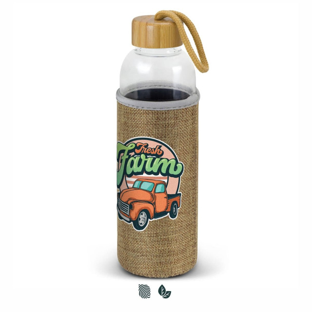 A drink bottle with a glass body, natural fibre sleeve, wooden lid, and a colourful logo featuring a truck.