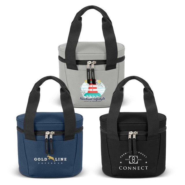 A grey, navy, and black cooler bag with two carrying handles and logos on each.