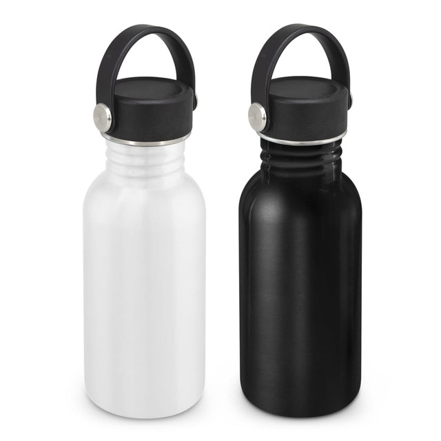 A drink bottle set featuring a white and a black 500ml bottle with carry lids and a logo on each.