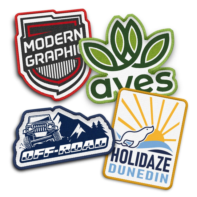 Custom woven patches featuring various designs in blue, green, red, and yellow, including logos and graphic elements.