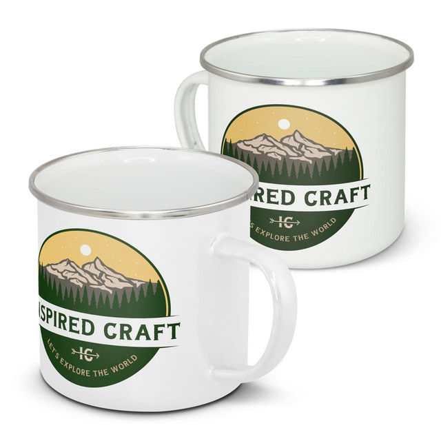 A white enamel mug with a silver rim, featuring a mountain design and a logo.