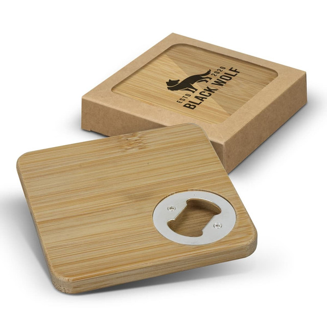 A drink bottle opener coaster set of two, featuring a square bamboo design with a stainless steel opener.