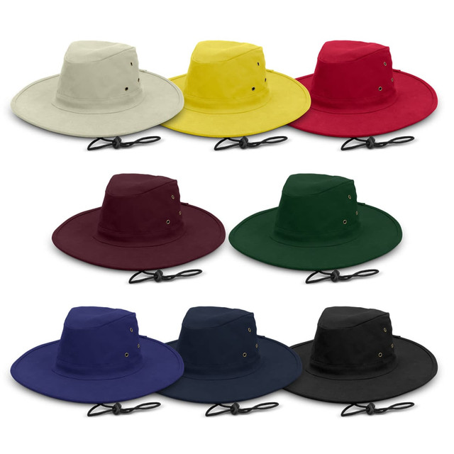 A wide brim hat collection in yellow, red, khaki, dark green, burgundy, navy, and black, featuring eyelets and a strap.