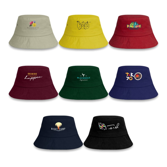 A variety of bucket hats in different colours, featuring various logos and designs.