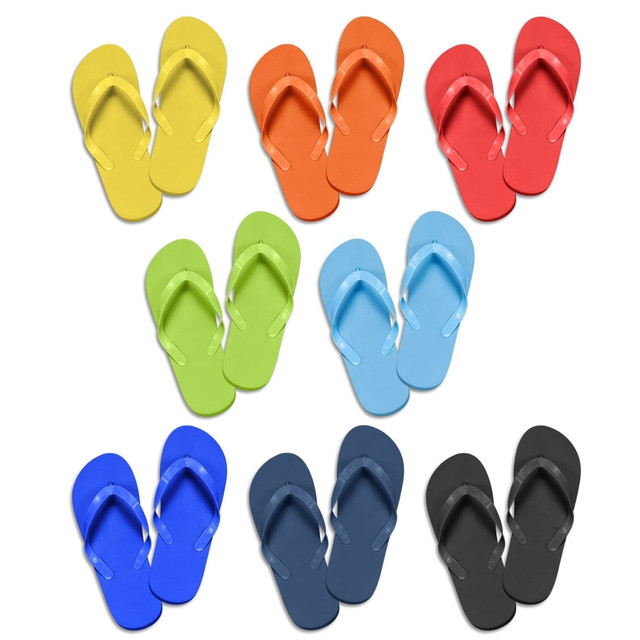 A collection of flip flops in various colours: yellow, orange, red, green, blue, black, and navy. Each pair features a simple design.
