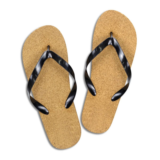 A pair of black thong-style flip flops with a cork sole, featuring a simple design.