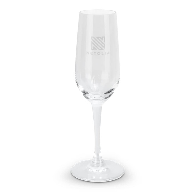 A clear champagne flute featuring a tall stem and a branded logo, perfectly suited for celebrations.