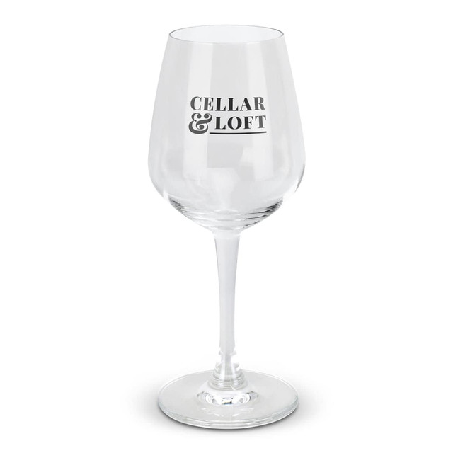 A clear wine glass with a tapered bowl and a long stem, featuring a logo on the front.