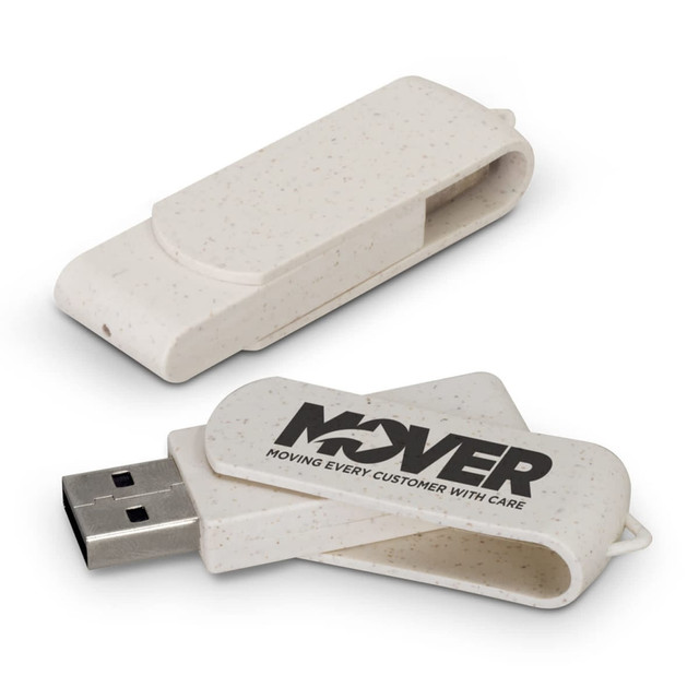 A white 8GB flash drive with a clip design and a logo on the side.