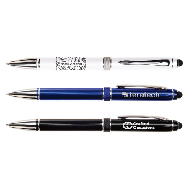 Three metal pens in white, blue, and black, each featuring a logo and a sleek design.