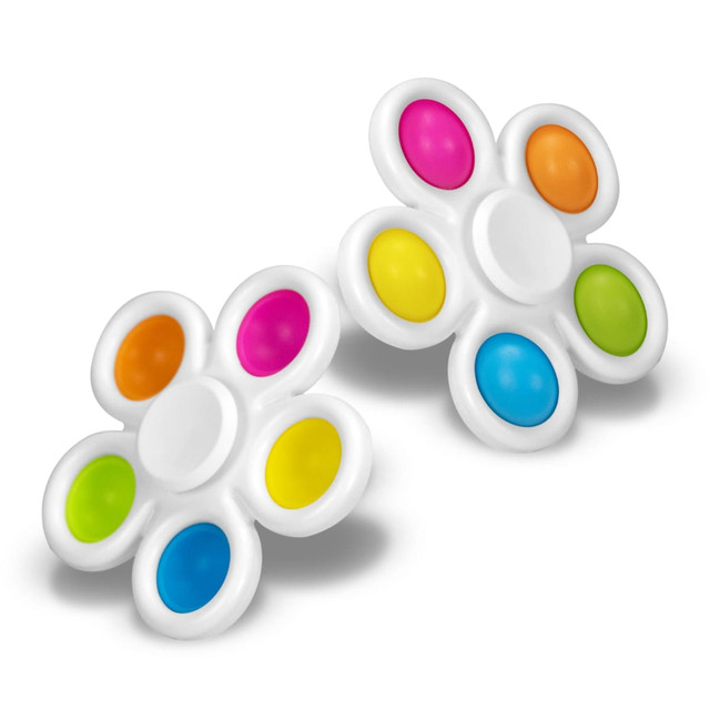 Two flower-shaped fidget spinners in white with pink, orange, yellow, green, and blue buttons.