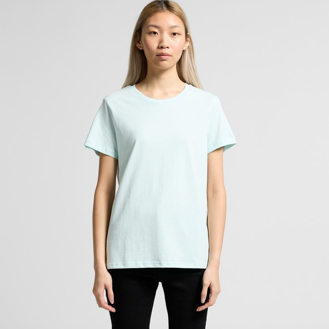 A light mint green t-shirt with a crew neckline and short sleeves. It features a logo on the design.
