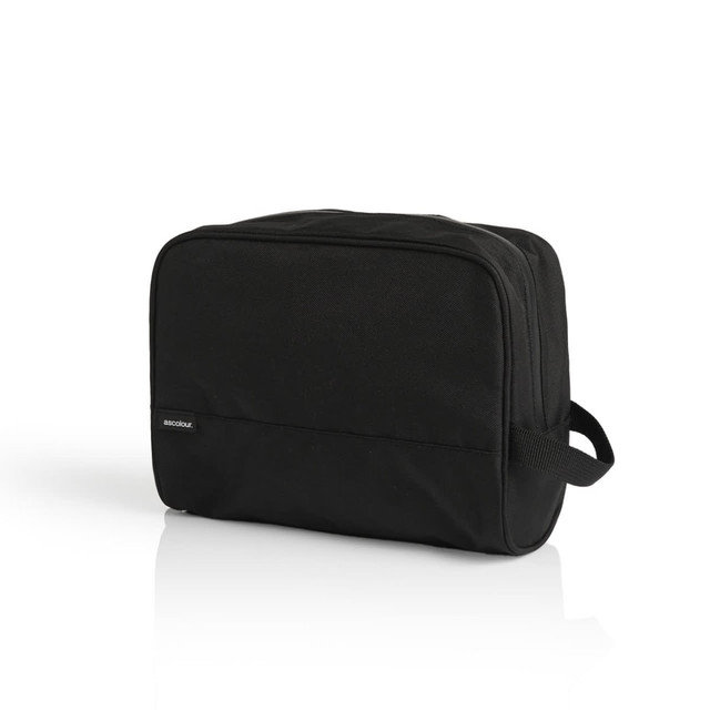 A black recycled toiletry bag with a rectangular shape and a side handle, featuring a logo.