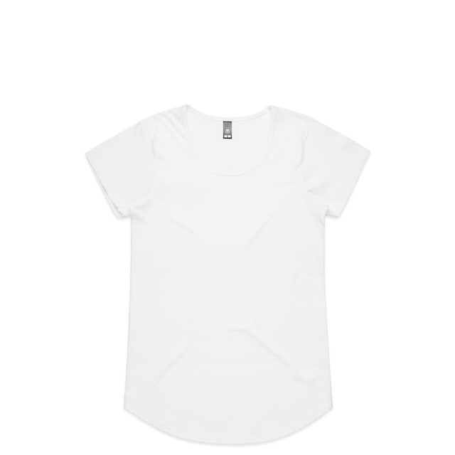 A white T-shirt with a rounded neckline and short sleeves, featuring a simple design and a tag.