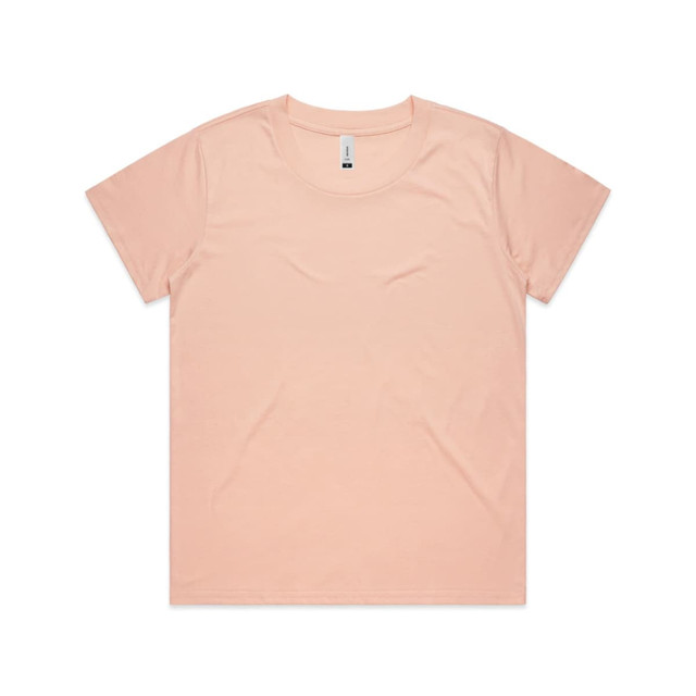 A light pink t-shirt with a classic crew neck and short sleeves, featuring a logo on the tag.