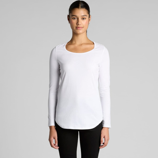 A white long-sleeve T-shirt with a scoop neckline and a rounded hem, featuring a branding logo.