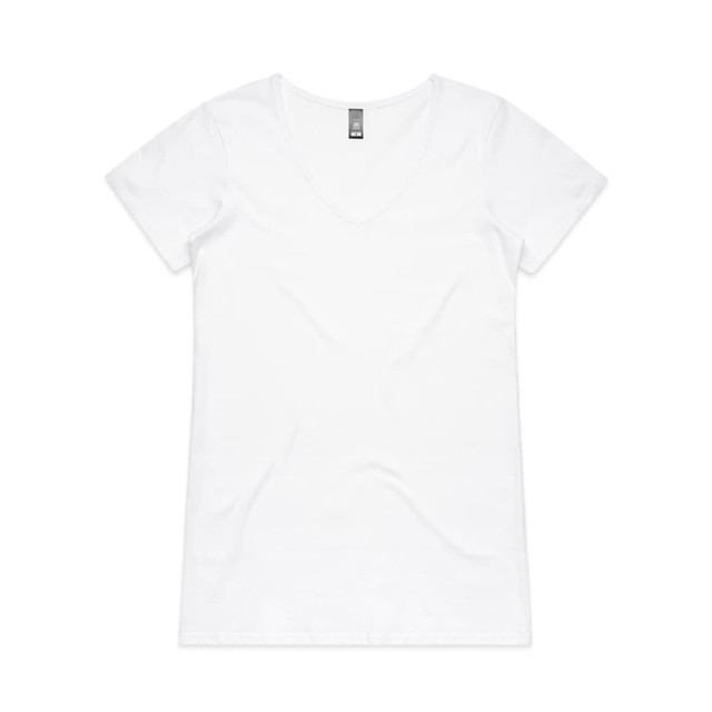 A white V-neck t-shirt with short sleeves and a tag at the neckline. It features a logo on the back.
