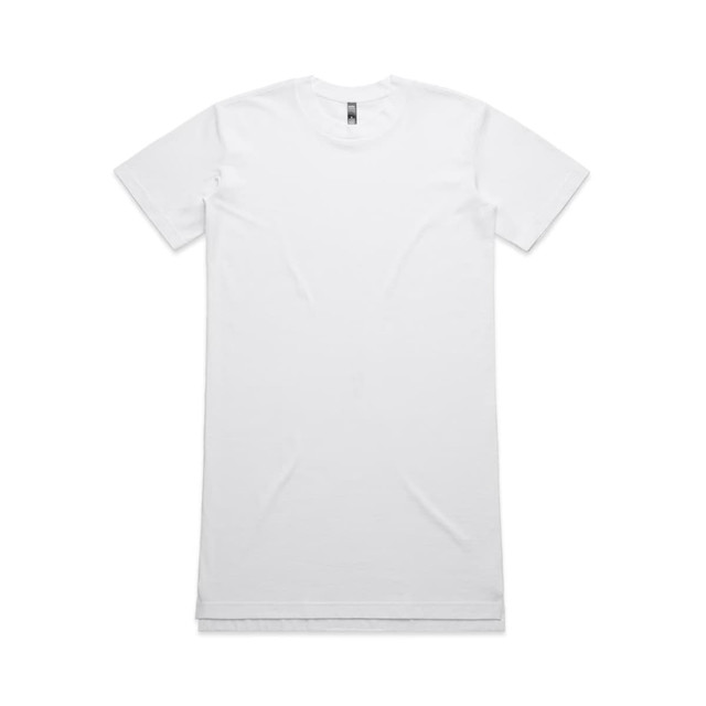 An oversized white T-shirt displayed flat, featuring a round neckline and short sleeves. It has a logo at the neck.