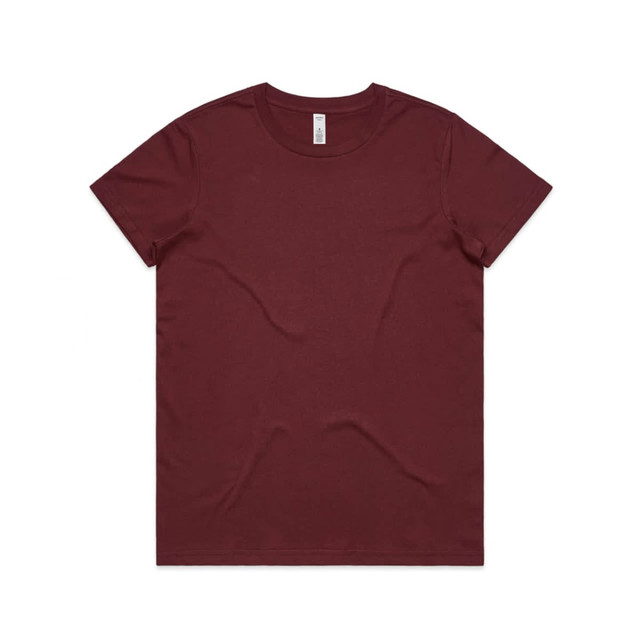 A maroon basic tee, short-sleeved with a round neckline. The shirt features a logo on the tag.