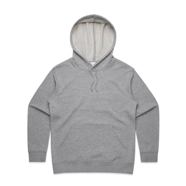 A grey hoodie featuring a front pocket and a light-coloured inner hood. It includes a logo on the garment.