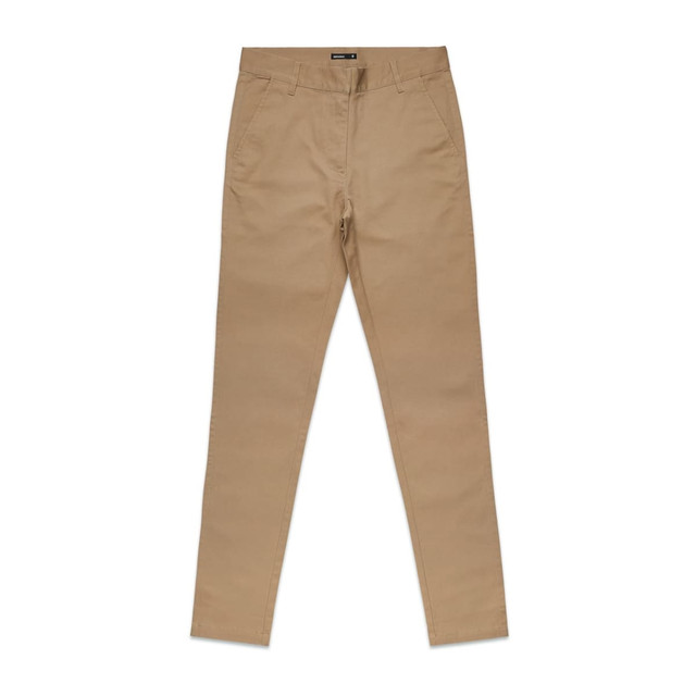Tan slacks with a slim fit design. The pants feature a waistband and pocket details, along with a brand logo.
