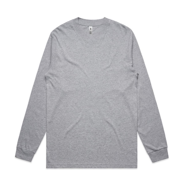 A grey long-sleeve t-shirt with a crew neckline and a logo on the label.