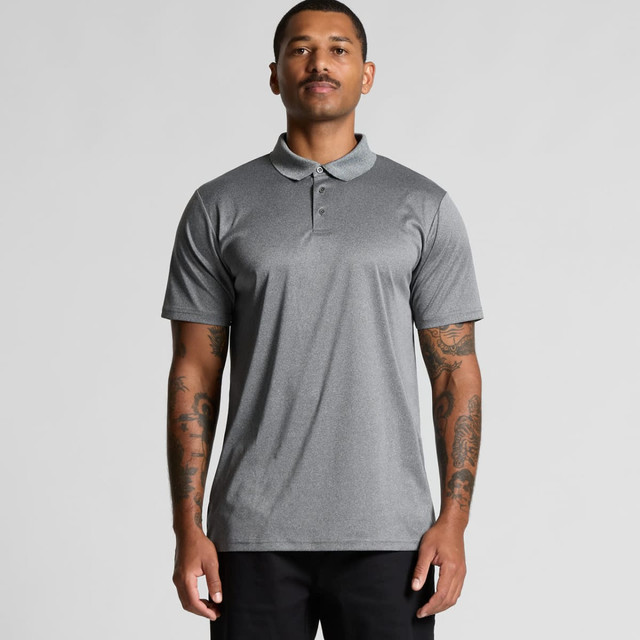 A grey polo shirt with short sleeves, featuring a collar and a logo on the chest.