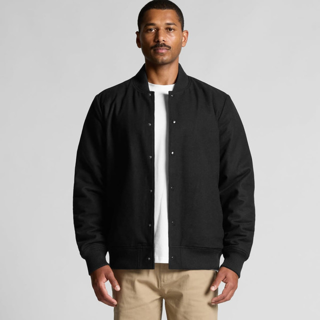 A black felt bomber jacket with a snap button front and ribbed cuffs, worn over a white T-shirt.
