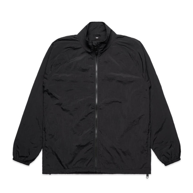 A black jacket with a zip front, high collar, and elastic cuffs. It features a logo on the upper chest.