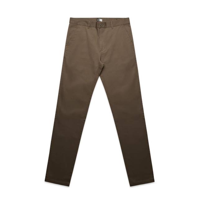 Olive green slacks with a slim fit, featuring a belt loop and button closure, and a logo on the waistband.