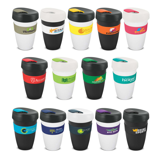 A selection of reusable coffee cups in various colours, featuring different designs and logos. Each cup has a secure lid.