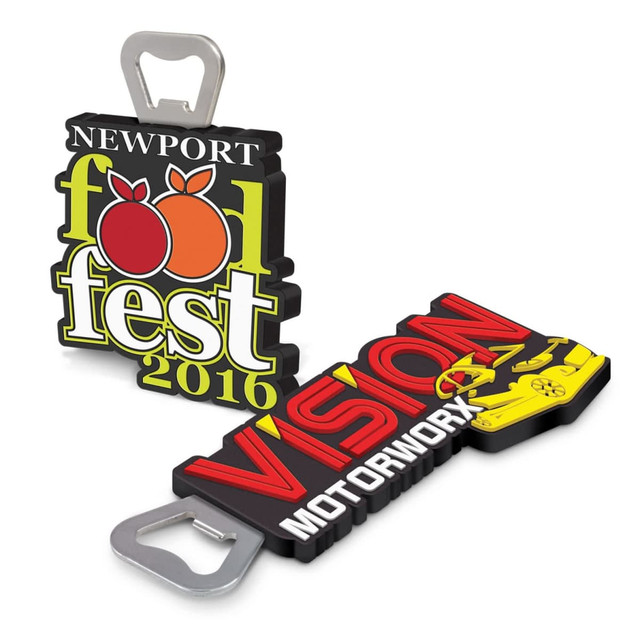 A drink bottle opener in black and vibrant colours with logos and a sleek design.