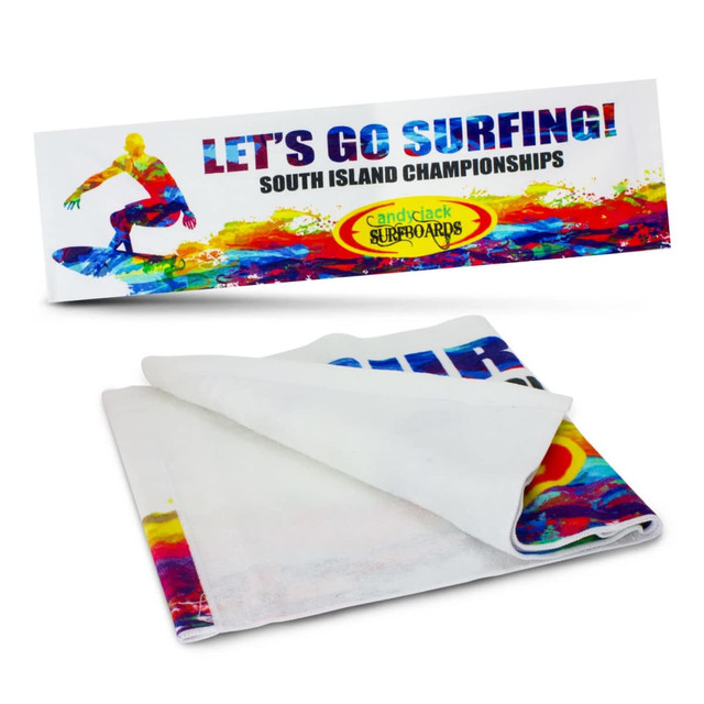 A vibrant, multicoloured sports towel featuring a surf-themed design and a logo.