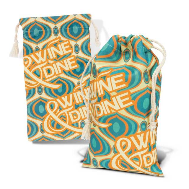 A patterned cotton gift bag in blue, orange, and yellow with a drawstring closure. It features a logo.