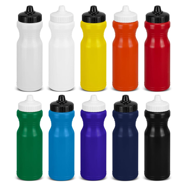 A drink bottle collection featuring white, red, orange, yellow, green, blue, black, and purple bottles with black caps.