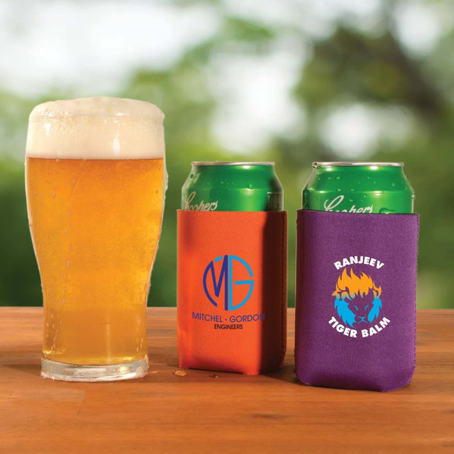 A drink cooler in orange and purple holds cans, with a beer glass nearby. Both coolers feature different logos.