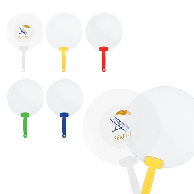 A set of six circular fans with white surfaces and handles in blue, yellow, and red. Each fan features a logo.