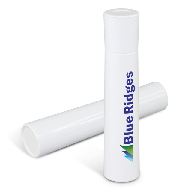 A white lint roller with a smooth surface and a logo displayed on it, accompanied by an additional roller.