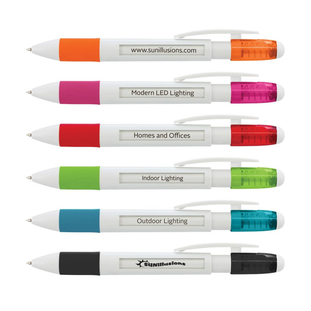 A collection of six plastic pens in various colours, featuring white bodies and coloured accents. Each pen has a logo.