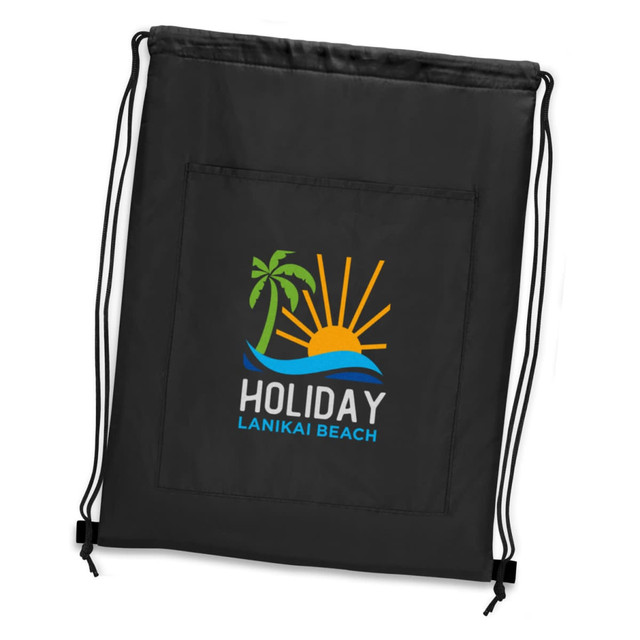 A black drawstring backpack with a front pocket and a logo featuring a sun, palm tree, and beach design.