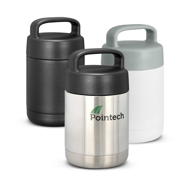 A drink bottle set featuring a black, a green, and a white vacuum flask with handles, one showing a logo.