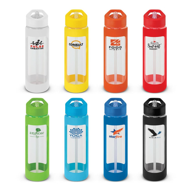 A drink bottle in various colours including white, yellow, orange, red, blue, and black, featuring multiple logos.