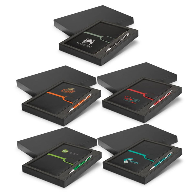 A gift set featuring a notebook and pen in black, with various coloured accents and branding on the items.