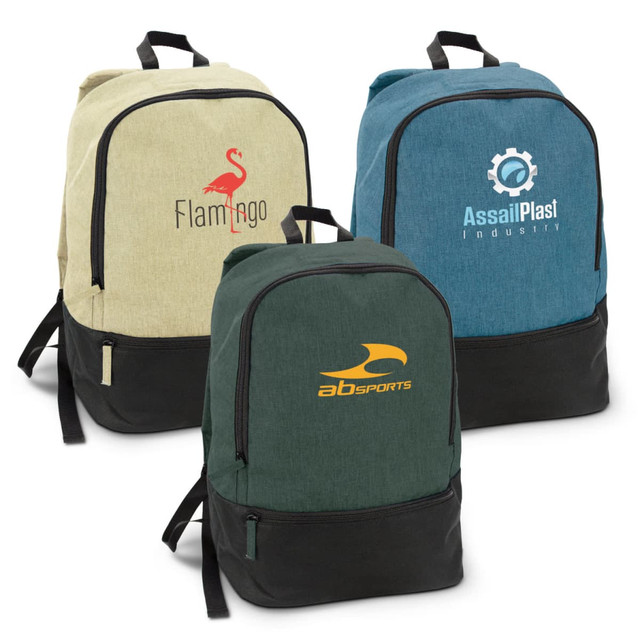 Three backpacks in beige, teal, and blue with black accents, each featuring a logo on the front.