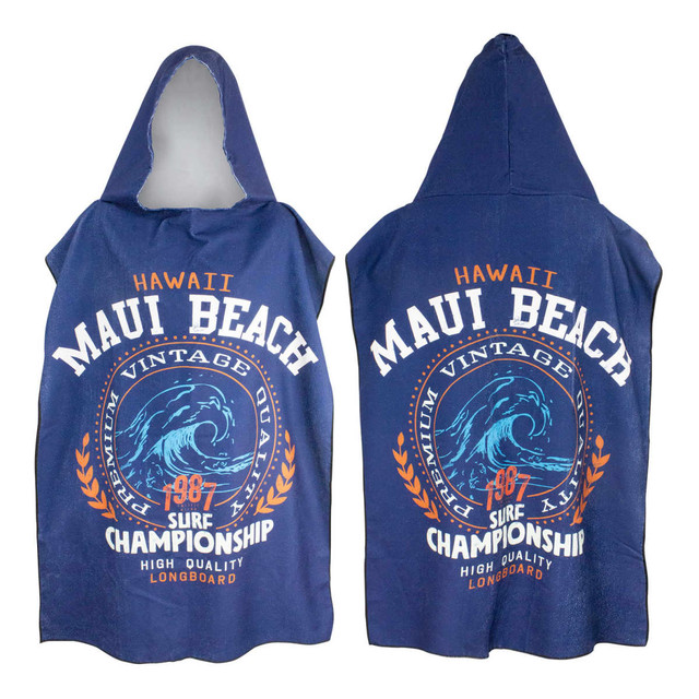 A navy blue adult hooded towel featuring a wave design and "Maui Beach" text. The towel has a hood and a logo.