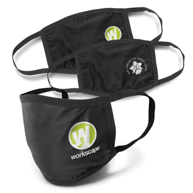 Three black reusable 3-ply cotton face masks, featuring different designs and logos.