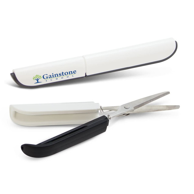 Compact scissors with a white and black design and a protective cover, featuring the logo of Gainstone School.