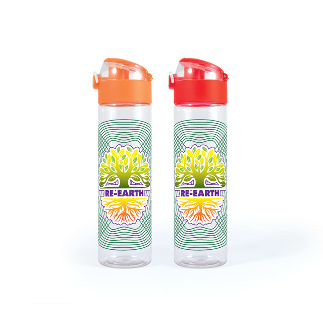 A drink bottle set featuring two transparent bottles with vibrant orange and red lids, decorated with a leafy design and branding.