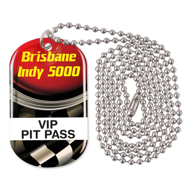 A silver dog tag neck chain featuring a colorful VIP pass design with a checkered pattern.