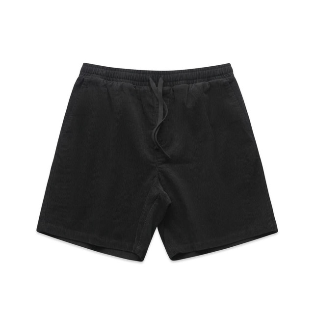 Black cord shorts with an elastic waistband and drawstring. Features a logo. Designed for casual wear.
